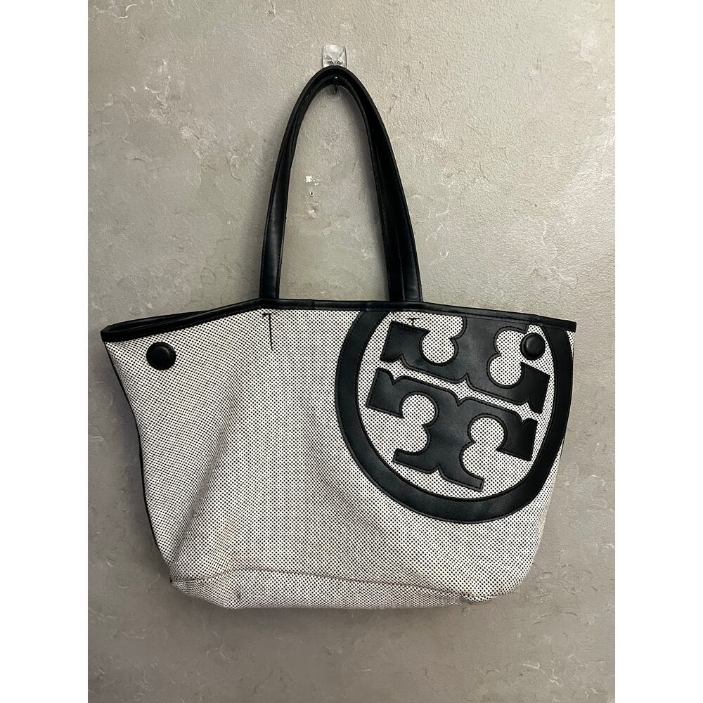 Tory Burch Lonnie Large Perforated Canvas Mesh Logo Tote Bag White Black - Picture 3 of 12